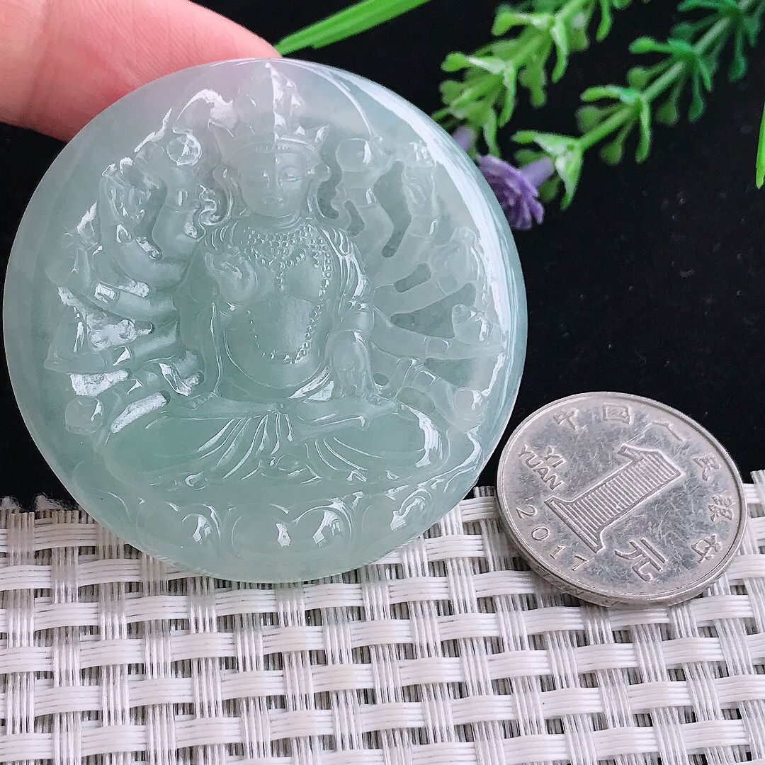 实拍A货翡翠50/5.4老坑冰胶果冻冰晴千手观音吊坠翡翠玉牌