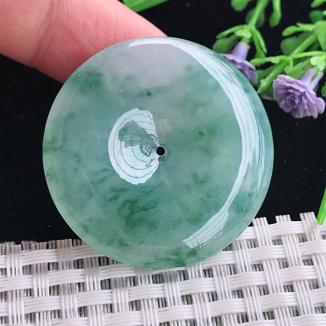 实拍A货翡翠38/6老坑冰润起胶冰飘花平安扣吊坠翡翠玉牌挂件