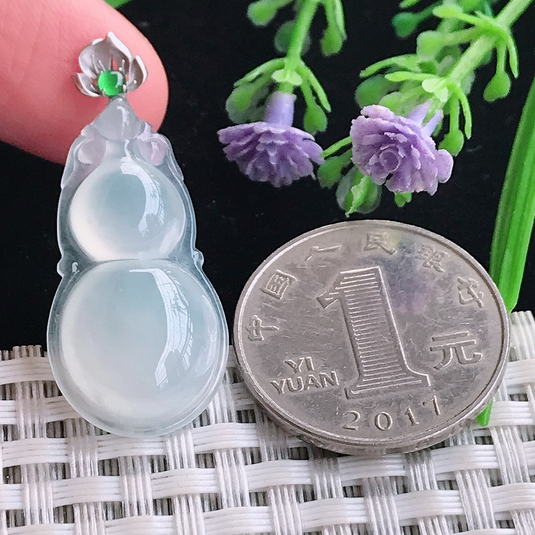 实拍A货翡翠29.7/15.8/6老坑18k金镶嵌冰种葫芦吊坠翡翠玉牌挂件