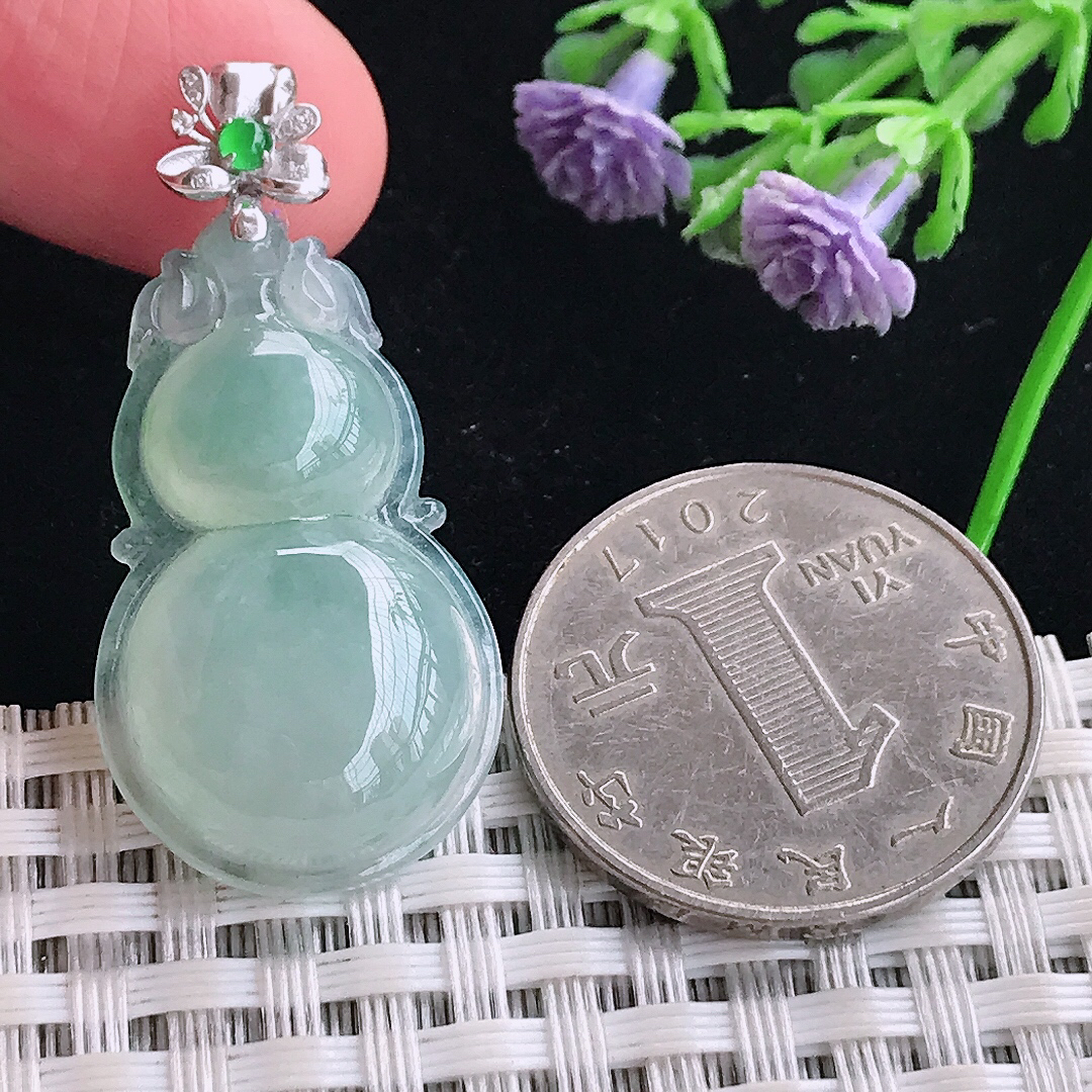 实拍A货翡翠30.6/18.5/6.5老坑18k金镶嵌冰晴葫芦吊坠翡翠玉牌挂件
