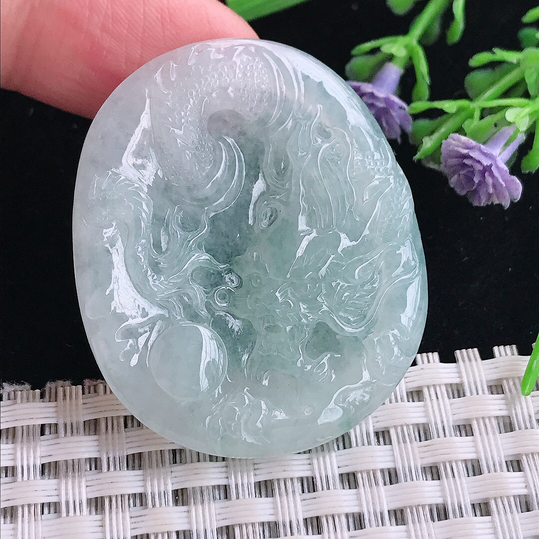 实拍A货翡翠42/34.8/4.6老坑冰润起胶龙牌吊坠翡翠玉牌挂件