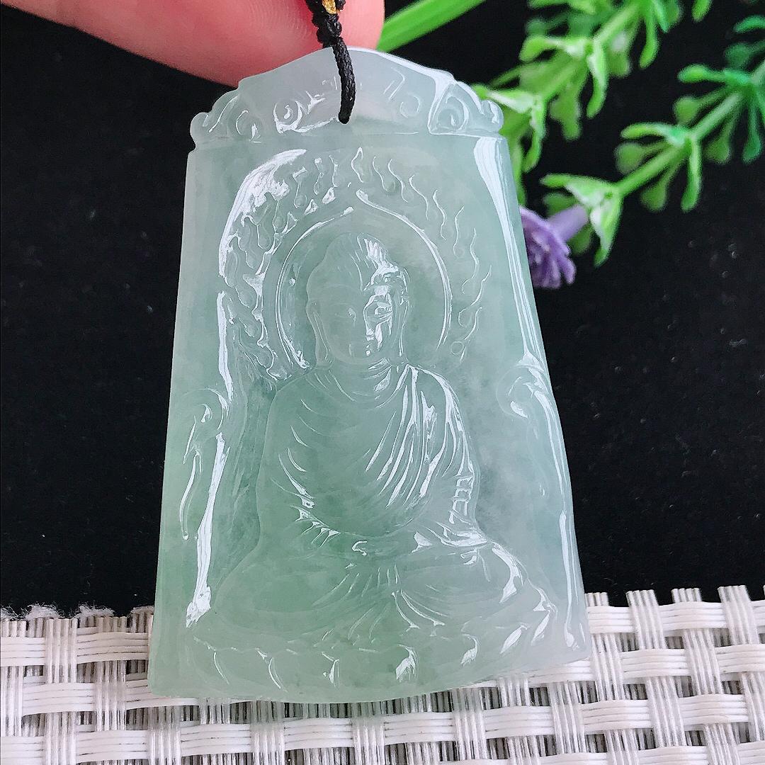 实拍A货翡翠52/36.5/4.8老坑冰胶果冻冰晴如来佛祖吊坠翡翠玉佛牌挂件