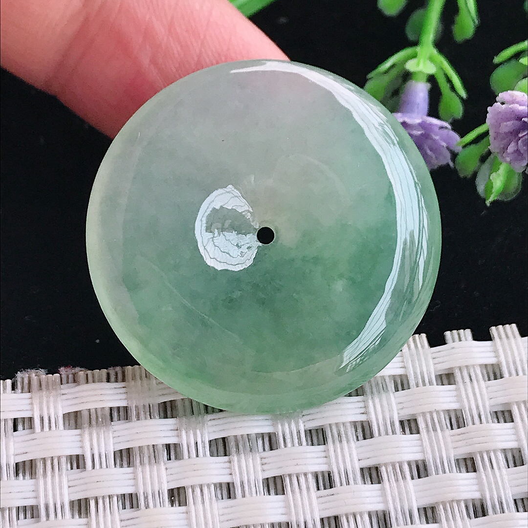 实拍A货翡翠31/5.5老坑冰胶果冻冰晴绿平安扣吊坠翡翠玉扣挂件