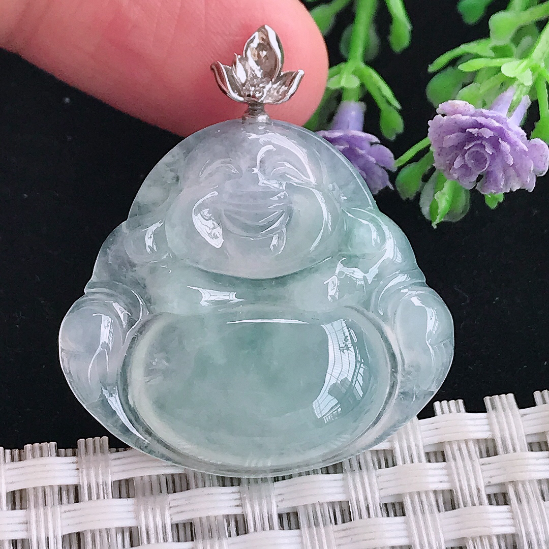 实拍A货翡翠28.8/31.2/6.2老坑18k金镶嵌冰种佛公吊坠翡翠玉牌挂件