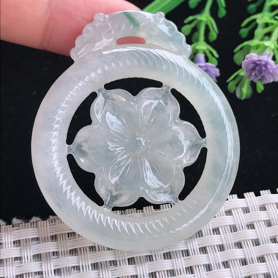 实拍A货翡翠55.5/48/5.8老坑冰种起胶花开富贵吊坠翡翠玉牌挂件