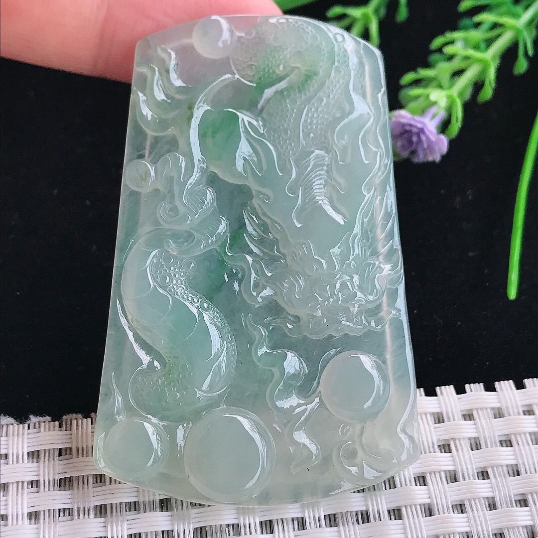 实拍A货翡翠63.9/41.6/5老坑冰胶果冻冰晴绿龙牌吊坠翡翠玉牌挂件