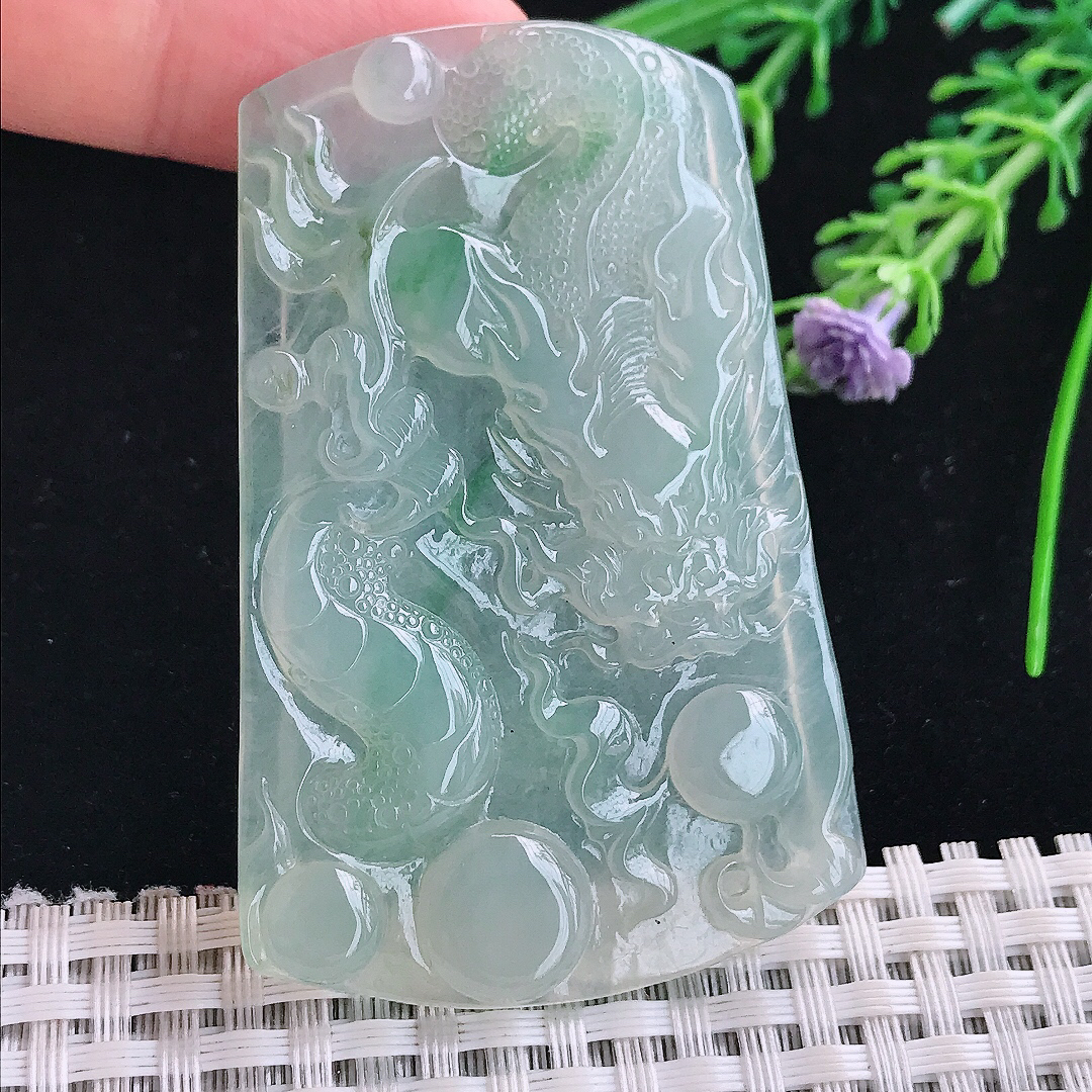 实拍A货翡翠63.9/41.6/5老坑冰胶果冻冰晴绿龙牌吊坠翡翠玉牌挂件
