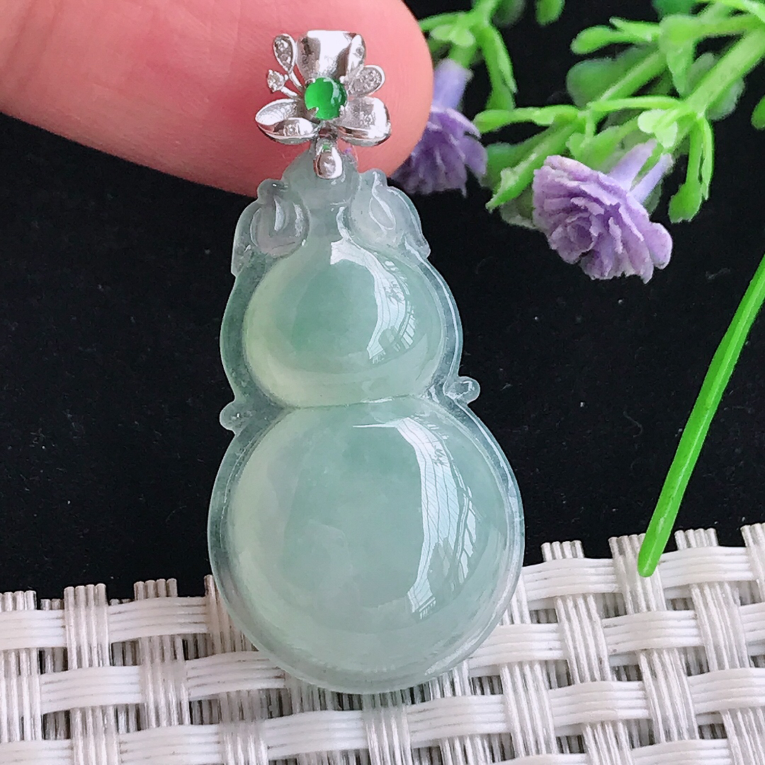 实拍A货翡翠30.6/18.5/6.5老坑18k金镶嵌冰晴葫芦吊坠翡翠玉牌挂件