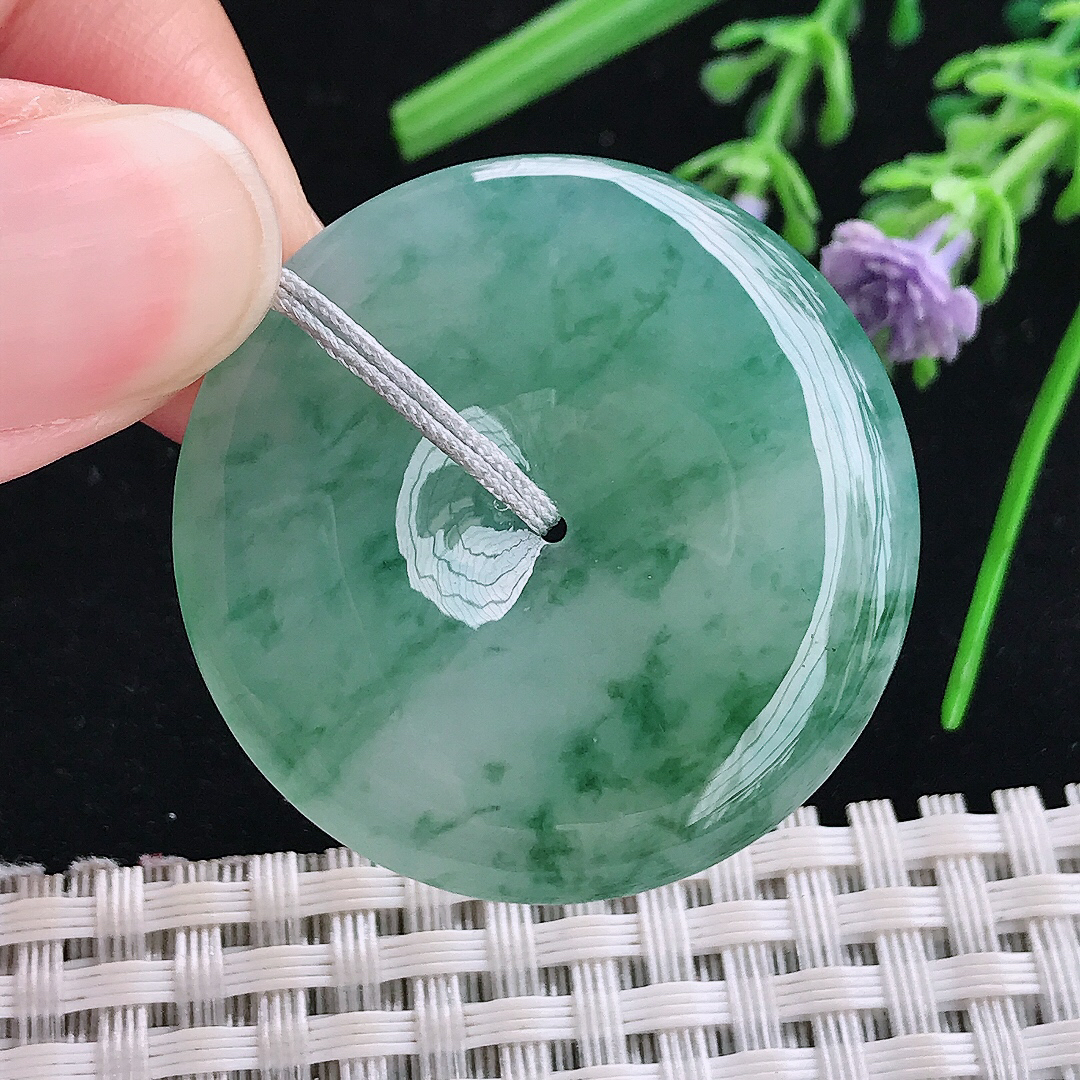 实拍A货翡翠35.8/5.7老坑冰胶果冻冰飘花平安扣吊坠翡翠玉扣挂件