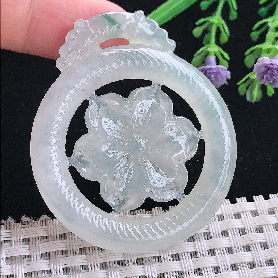 实拍A货翡翠55.5/48/5.8老坑冰种起胶花开富贵吊坠翡翠玉牌挂件