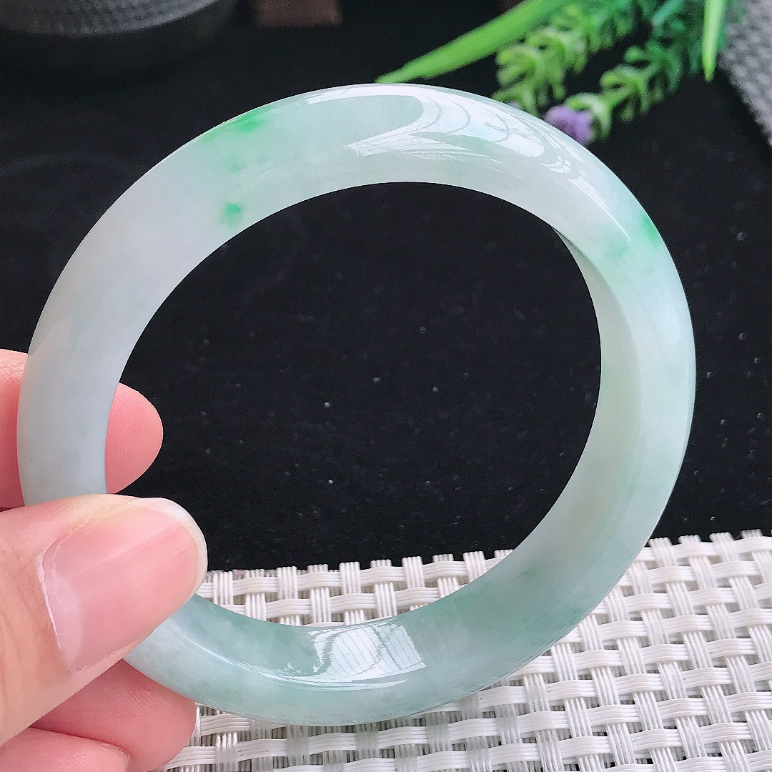 实拍A货翡翠58/12.8/8.5老坑冰润起胶飘阳绿手镯宽边玉镯平安镯美人镯