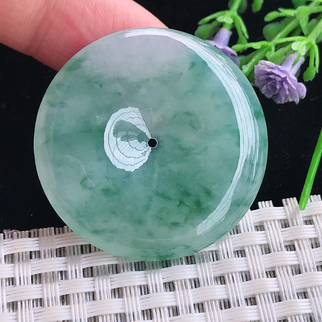 实拍A货翡翠38/6老坑冰润起胶冰飘花平安扣吊坠翡翠玉牌挂件