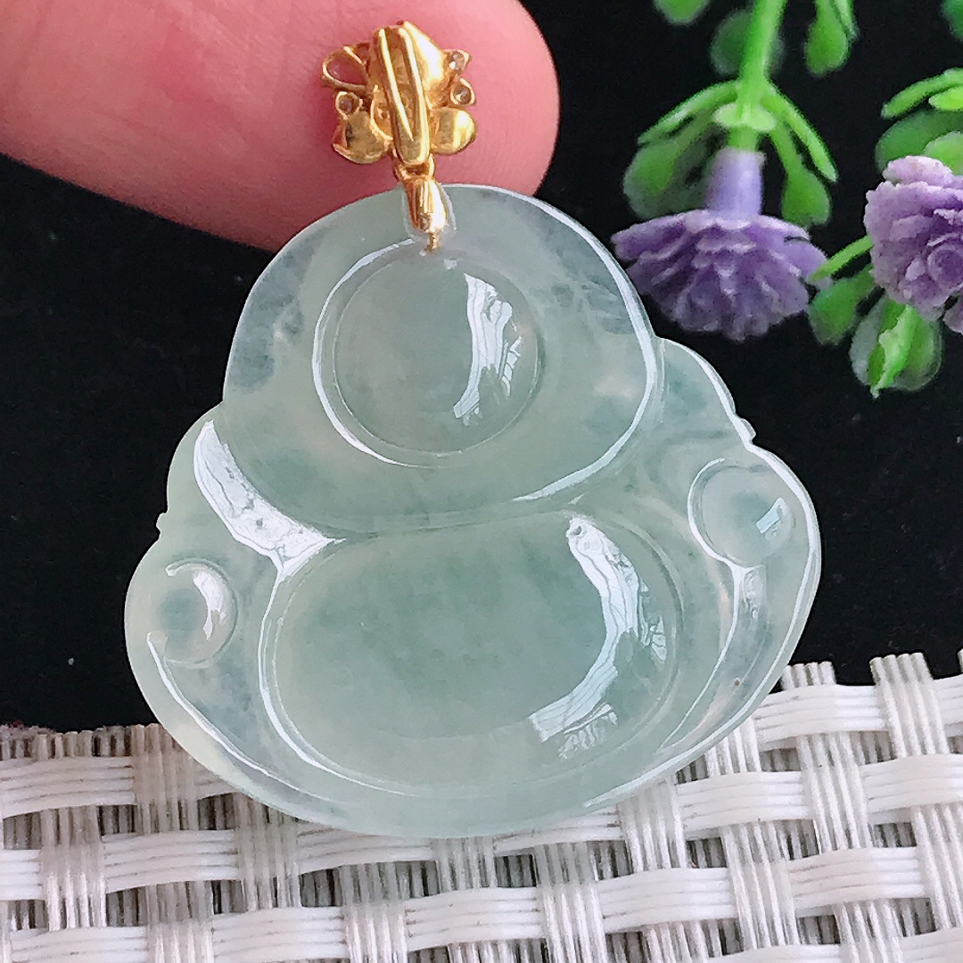 实拍A货翡翠27.6/30/5.8老坑18k金镶嵌起胶冰晴佛公吊坠翡翠玉牌挂件