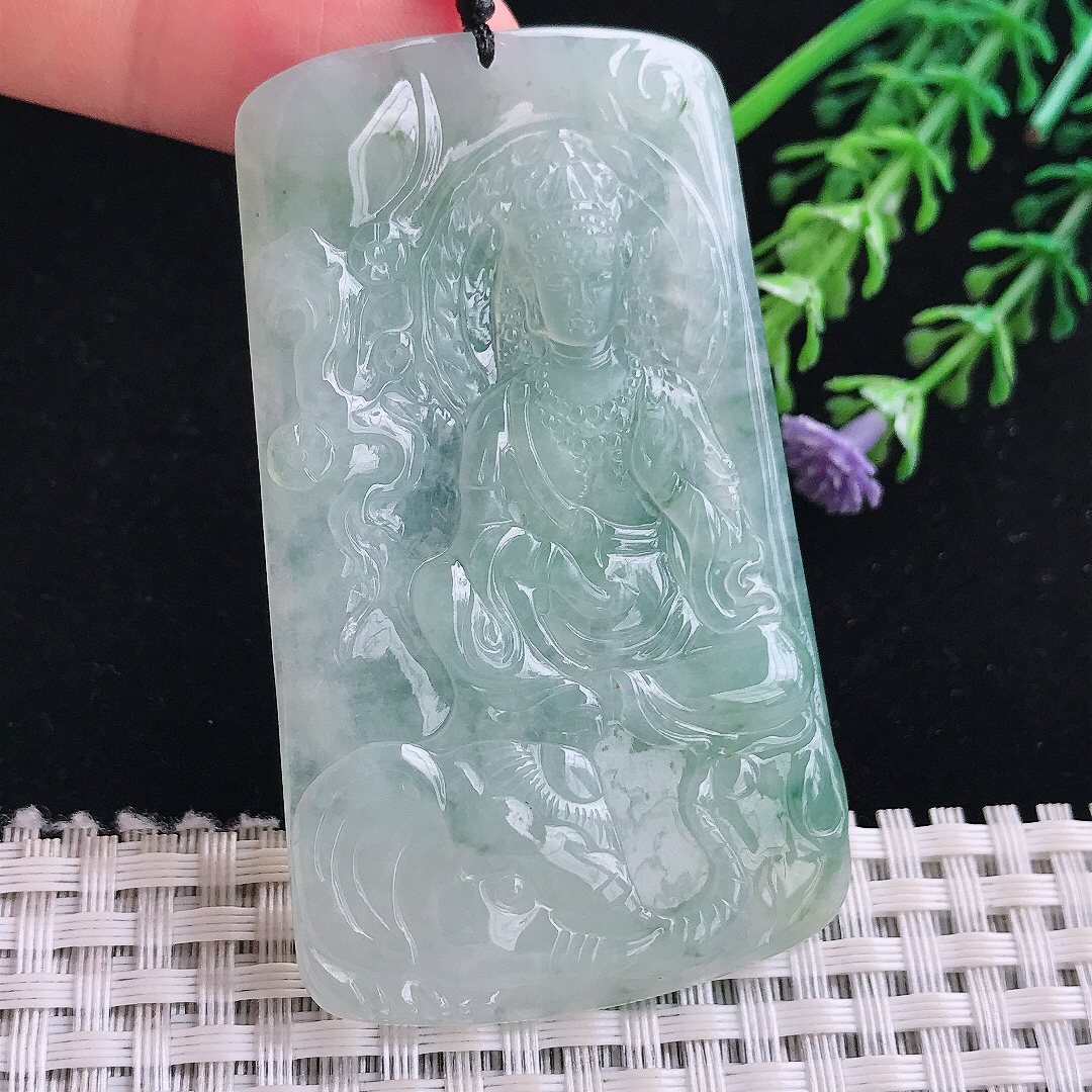 实拍A货翡翠66/38.8/5.3老坑冰透果冻胶冰晴绿普贤菩萨吊坠翡翠玉牌挂件