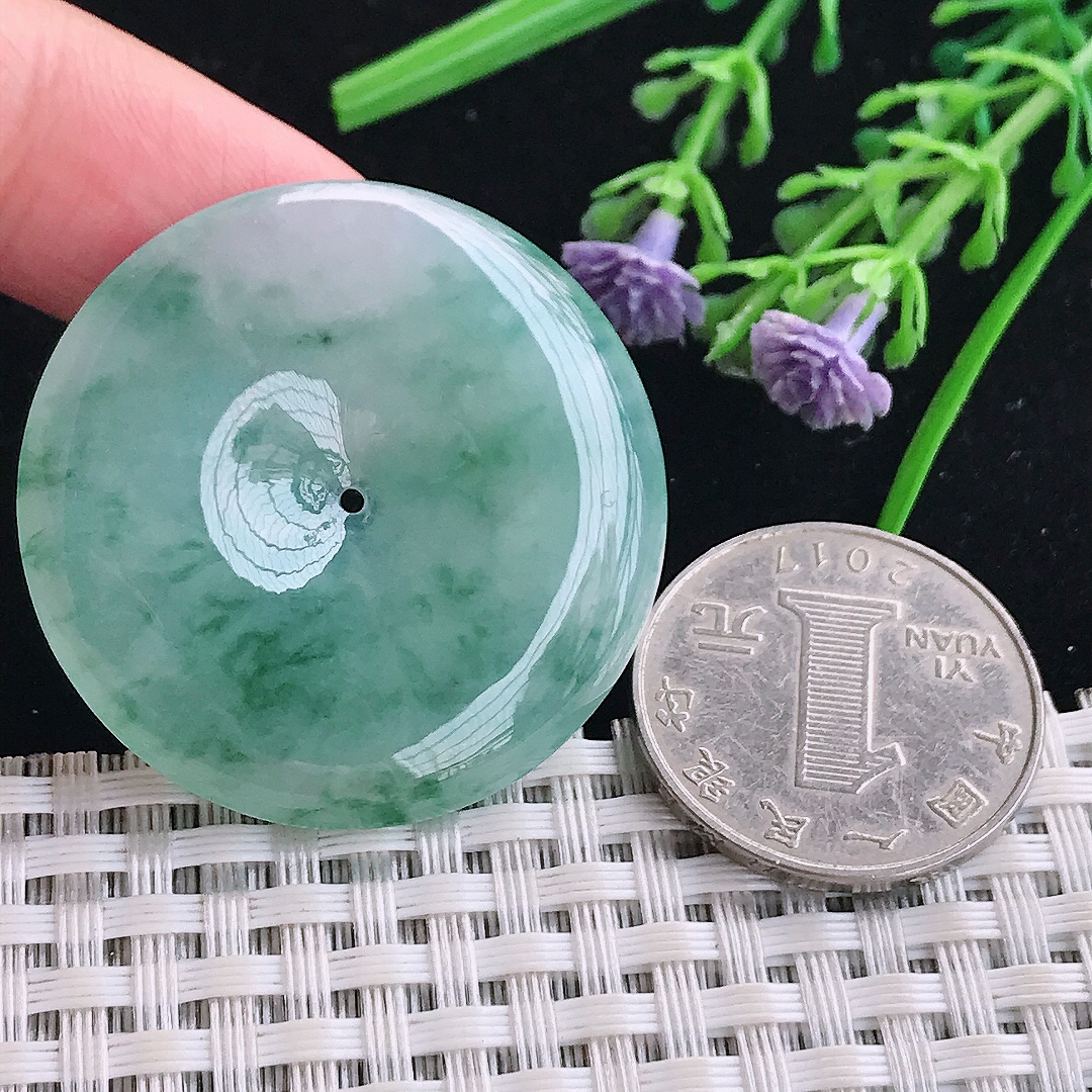 实拍A货翡翠38/6老坑冰润起胶冰飘花平安扣吊坠翡翠玉牌挂件