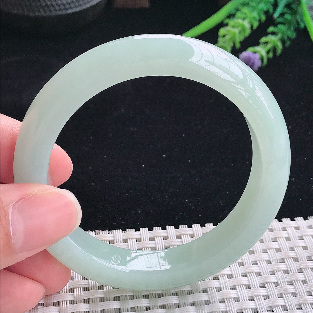 实拍A货翡翠54.5/11.6/9老坑冰润起胶冰晴绿手镯宽边玉镯平安镯美人镯