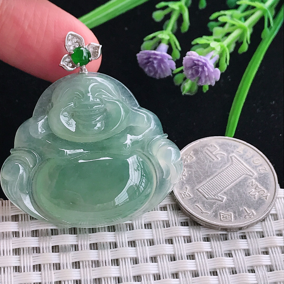 实拍A货翡翠34.7/40.2/7.2老坑冰胶果冻冰晴满绿佛公吊坠翡翠玉牌挂件