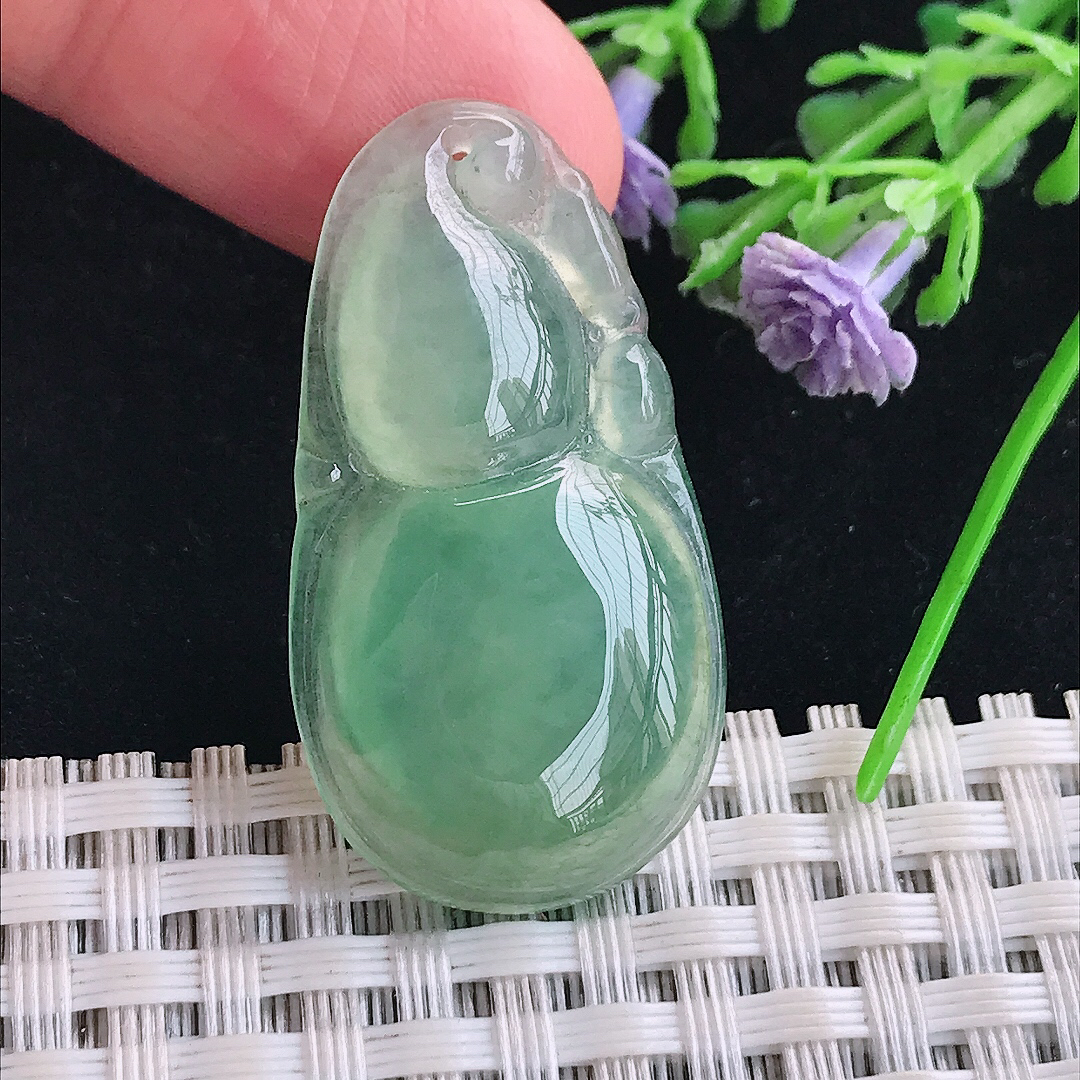 实拍A货翡翠36.3/19.6/5.2老坑冰种起胶满绿葫芦吊坠翡翠玉牌挂件