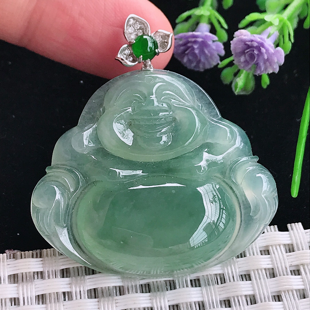 实拍A货翡翠34.7/40.2/7.2老坑冰胶果冻冰晴满绿佛公吊坠翡翠玉牌挂件