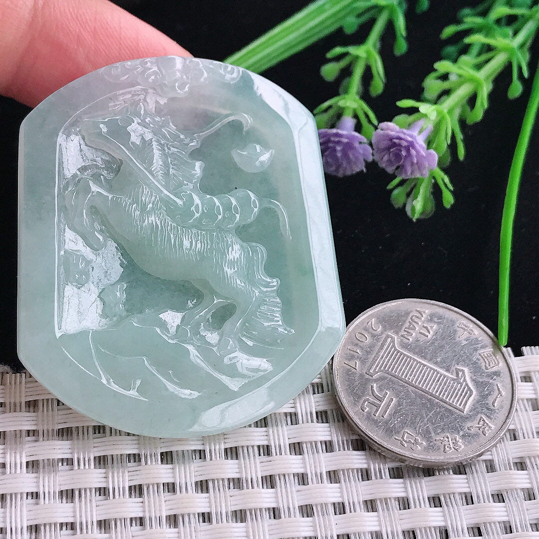 实拍A货翡翠48.8/42/5.3老坑清秀冰晴马上有钱马牌吊坠翡翠玉牌挂件