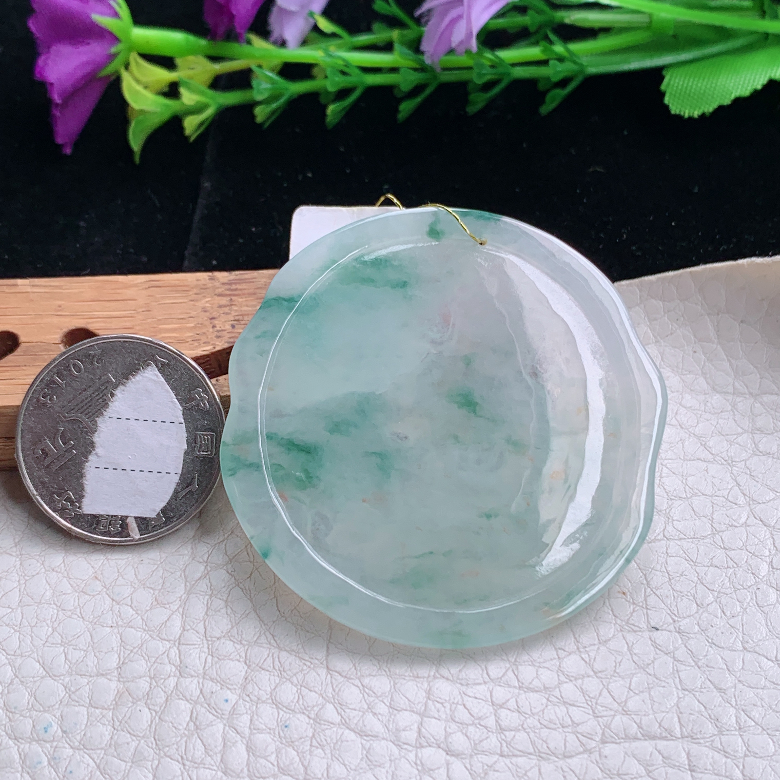 Xj实拍53.8*51.6*5天然缅甸翡翠a货冰飘花文殊菩萨吊坠 守护神观音牌