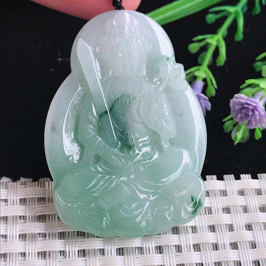 实拍A货翡翠49/35.2/5.6老坑冰润起胶飘花虚空藏菩萨吊坠翡翠玉牌挂件