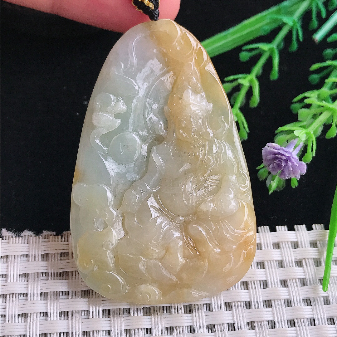 实拍A货翡翠56.3/37.6/5.2老坑精美冰润黄翡黄财神吊坠翡翠玉牌挂件