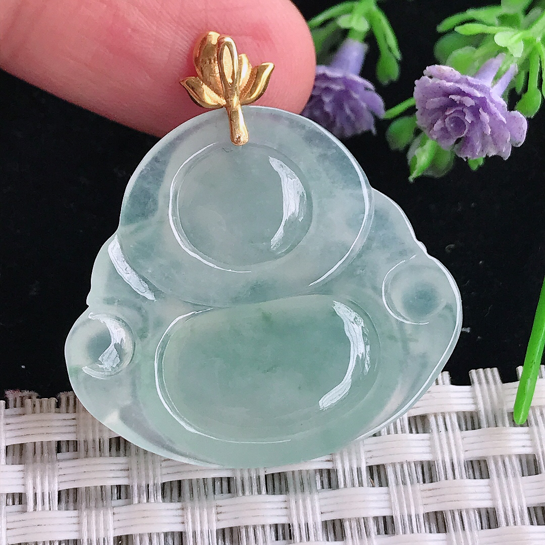 实拍A货翡翠28.5/31.6/5.9老坑18k金镶嵌冰种冰晴佛公吊坠翡翠玉佛挂件