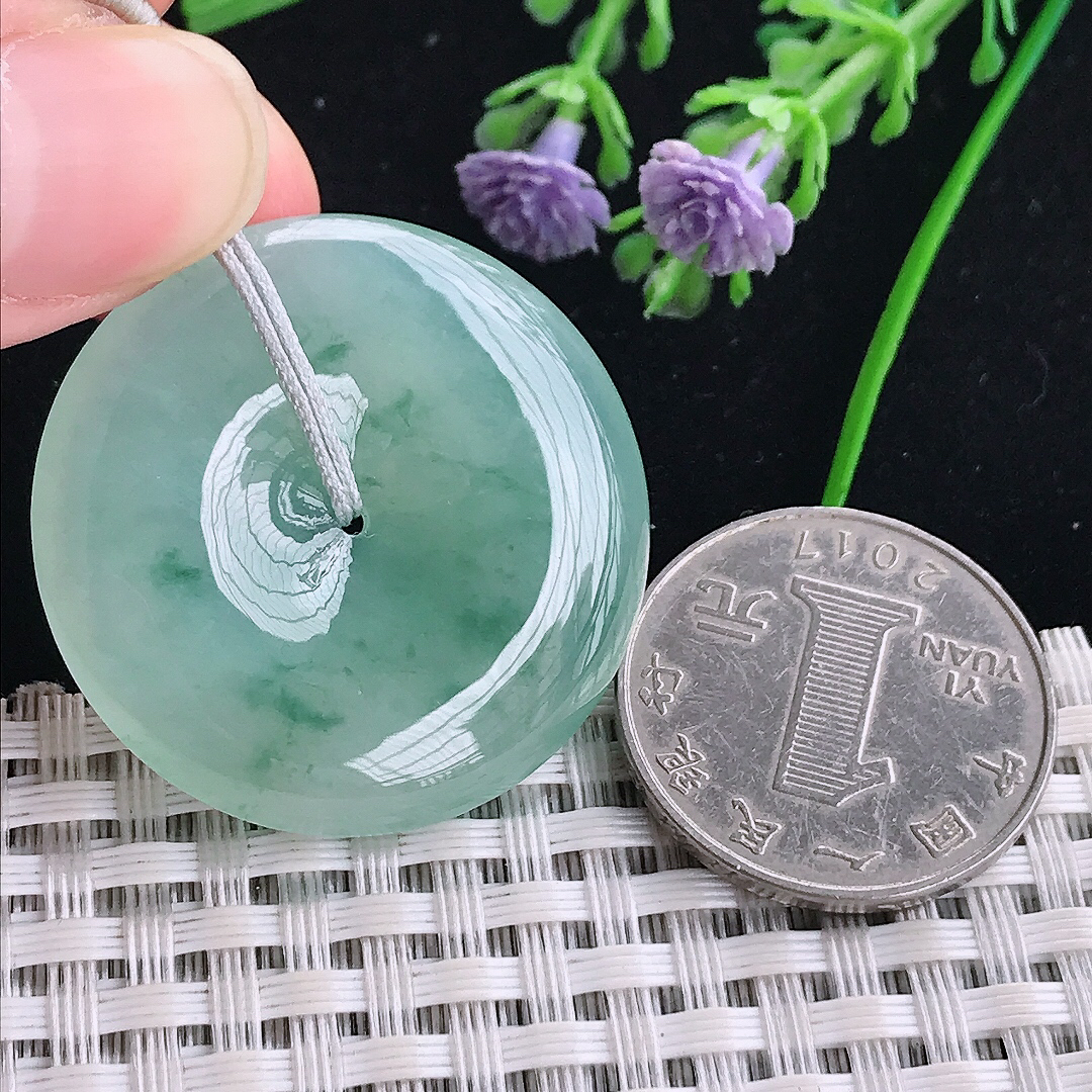 实拍A货翡翠34.2/6老坑冰胶果冻冰飘花平安扣吊坠飘花翡翠玉扣