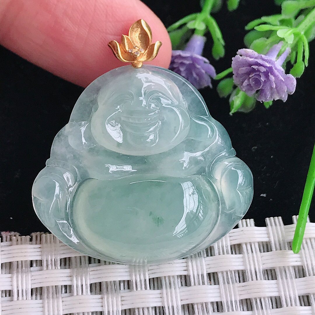 实拍A货翡翠28.5/31.6/5.9老坑18k金镶嵌冰种冰晴佛公吊坠翡翠玉佛挂件