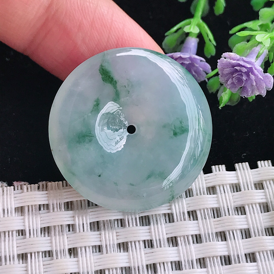 实拍A货翡翠27.8/5.8老坑冰胶果冻飘花平安扣吊坠翡翠玉扣挂件