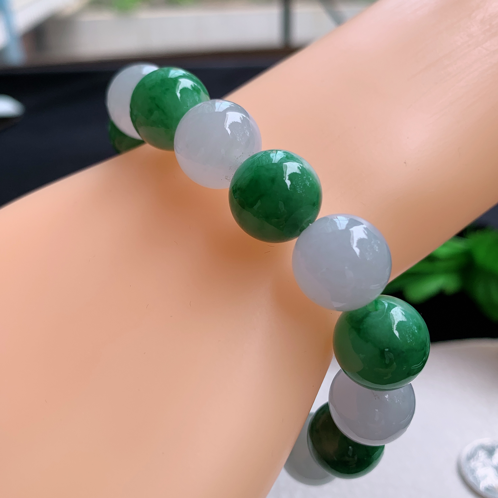 qxm天然缅甸翡翠a货冰双彩13mm圆珠玉手链 玉手串