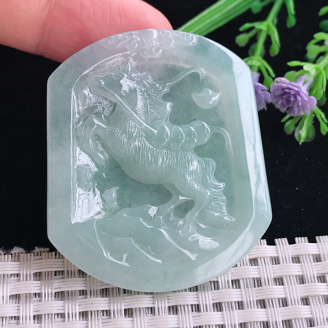 实拍A货翡翠48.8/42/5.3老坑清秀冰晴马上有钱马牌吊坠翡翠玉牌挂件