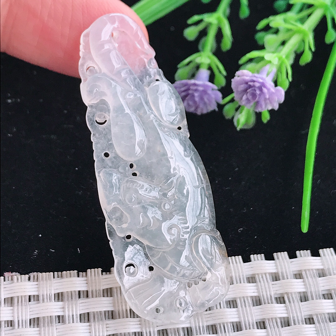 实拍A货翡翠53.5/19.5/5老坑冰种起光下山虎虎牌吊坠翡翠玉牌挂件