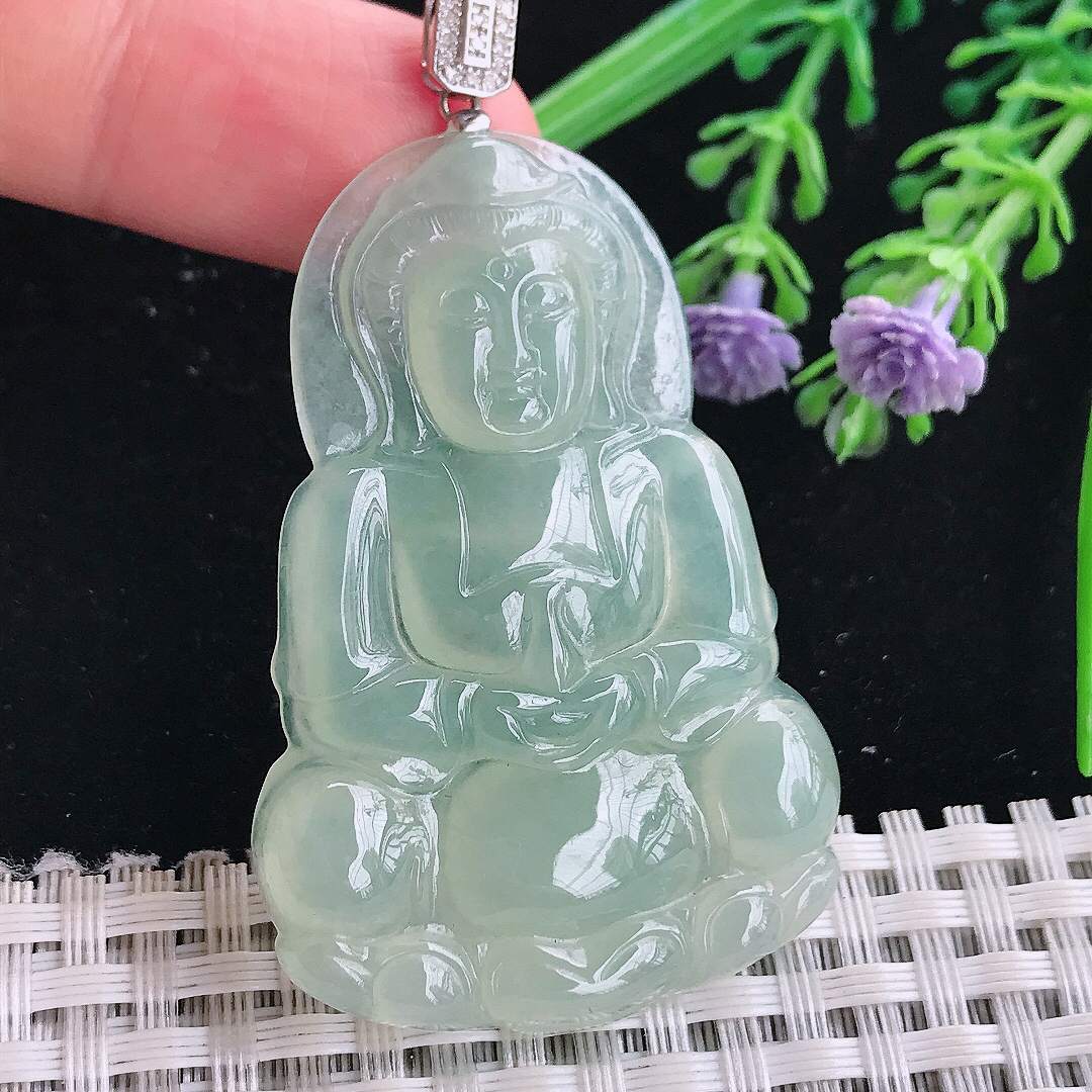 实拍A货翡翠52/34.8/5.3老坑18k金镶嵌冰胶冰晴绿正装观音吊坠翡翠玉观音