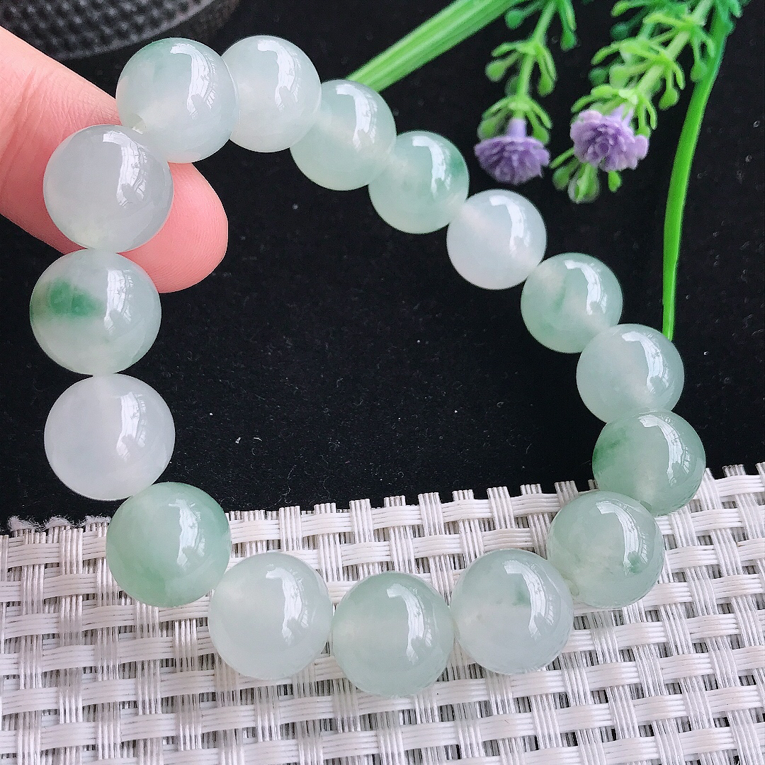 实拍A货翡翠12.8/16颗老坑冰胶果冻冰飘花圆珠手链吊坠翡翠玉珠珠链