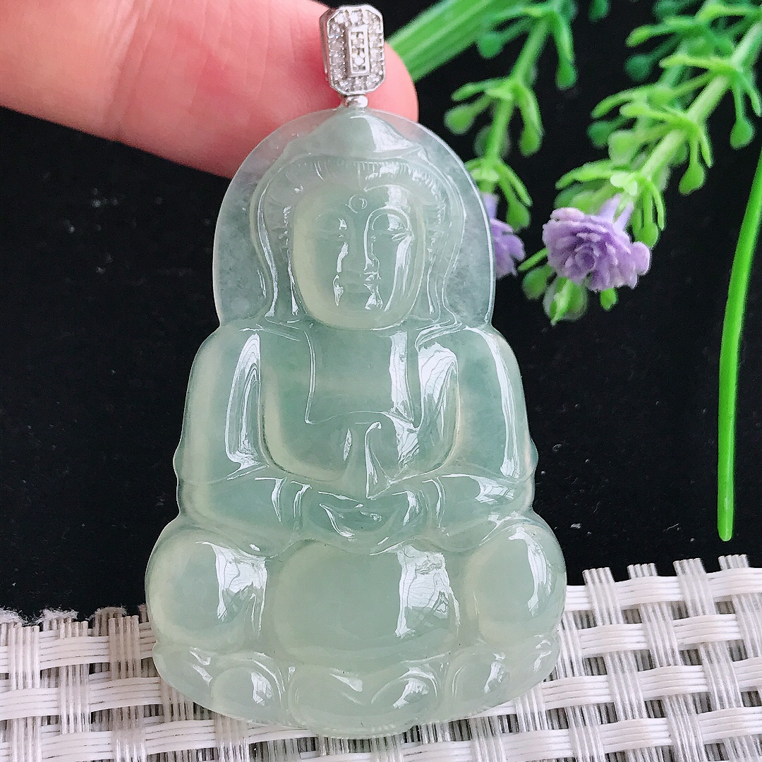 实拍A货翡翠52/34.8/5.3老坑18k金镶嵌冰胶冰晴绿正装观音吊坠翡翠玉观音