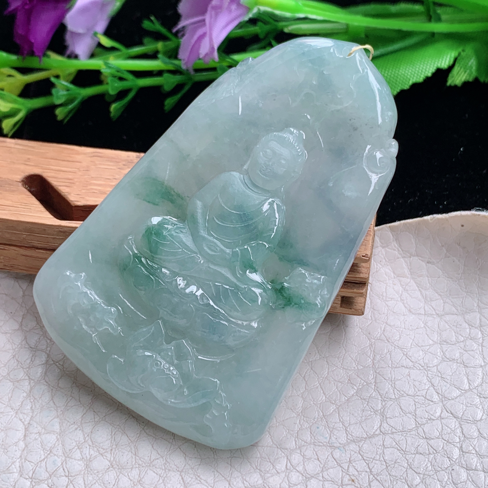 Xj实拍68.8*44.5*5.6天然缅甸翡翠a货飘花大日如来吊坠 生肖守护神玉坠