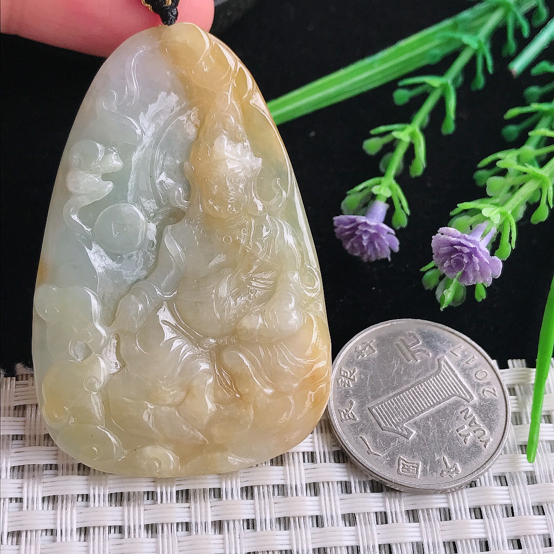 实拍A货翡翠56.3/37.6/5.2老坑精美冰润黄翡黄财神吊坠翡翠玉牌挂件