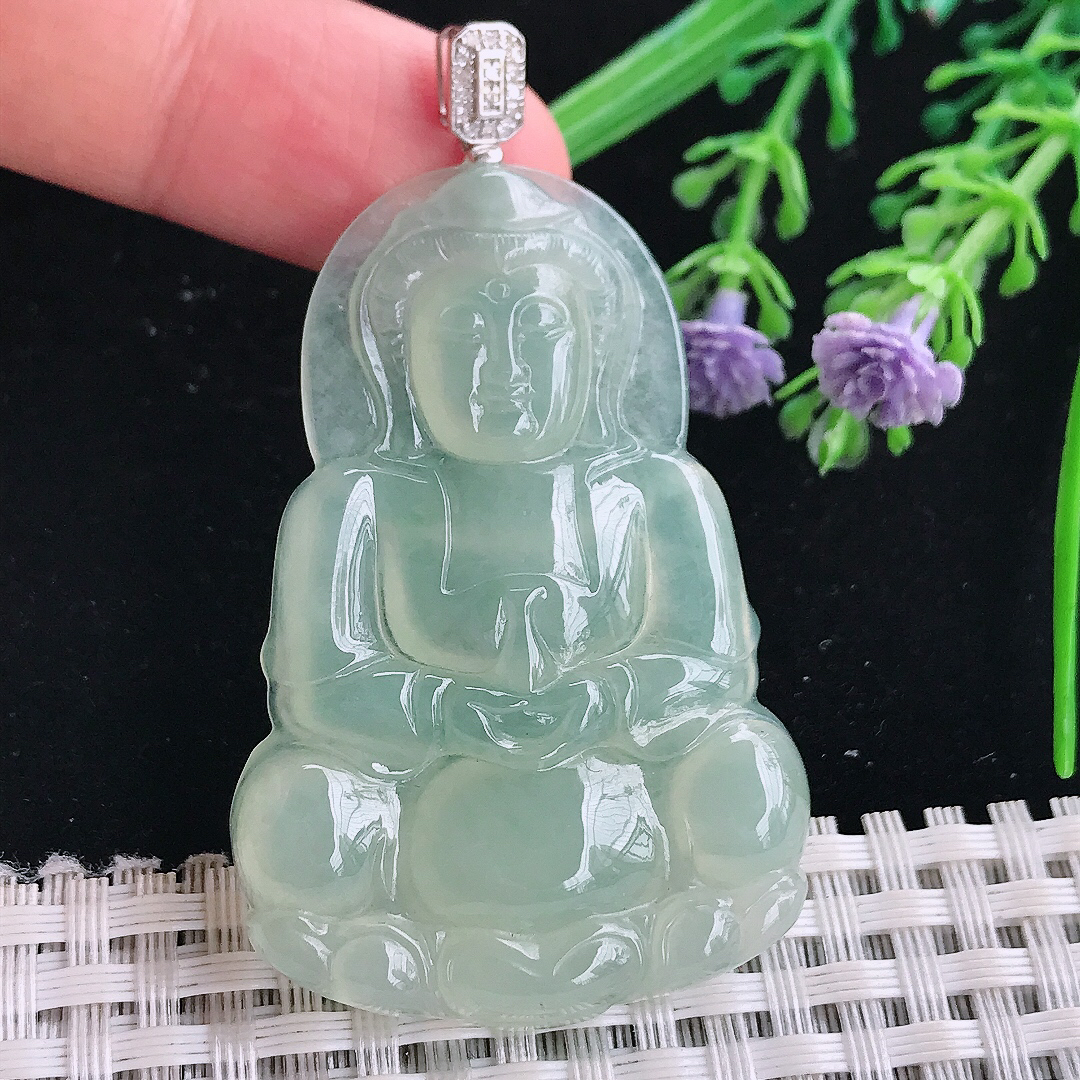 实拍A货翡翠52/34.8/5.3老坑18k金镶嵌冰胶冰晴绿正装观音吊坠翡翠玉观音