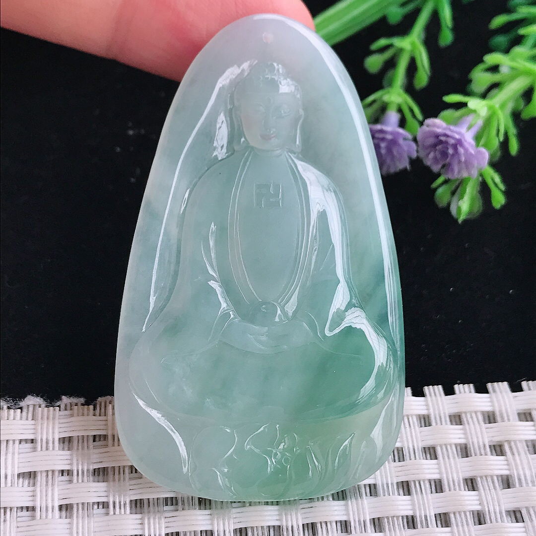 实拍A货翡翠57.8/35.5/5.3老坑冰胶果冻冰晴素衣观音吊坠翡翠玉牌挂件