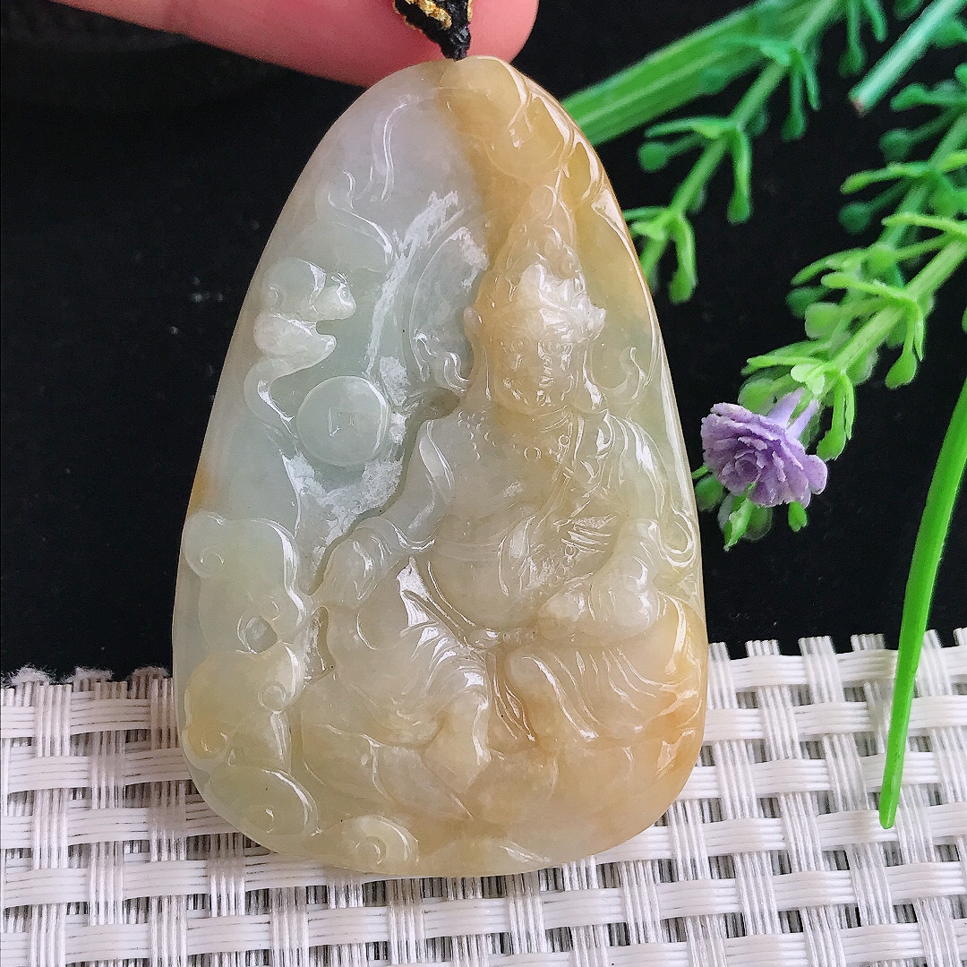 实拍A货翡翠56.3/37.6/5.2老坑精美冰润黄翡黄财神吊坠翡翠玉牌挂件