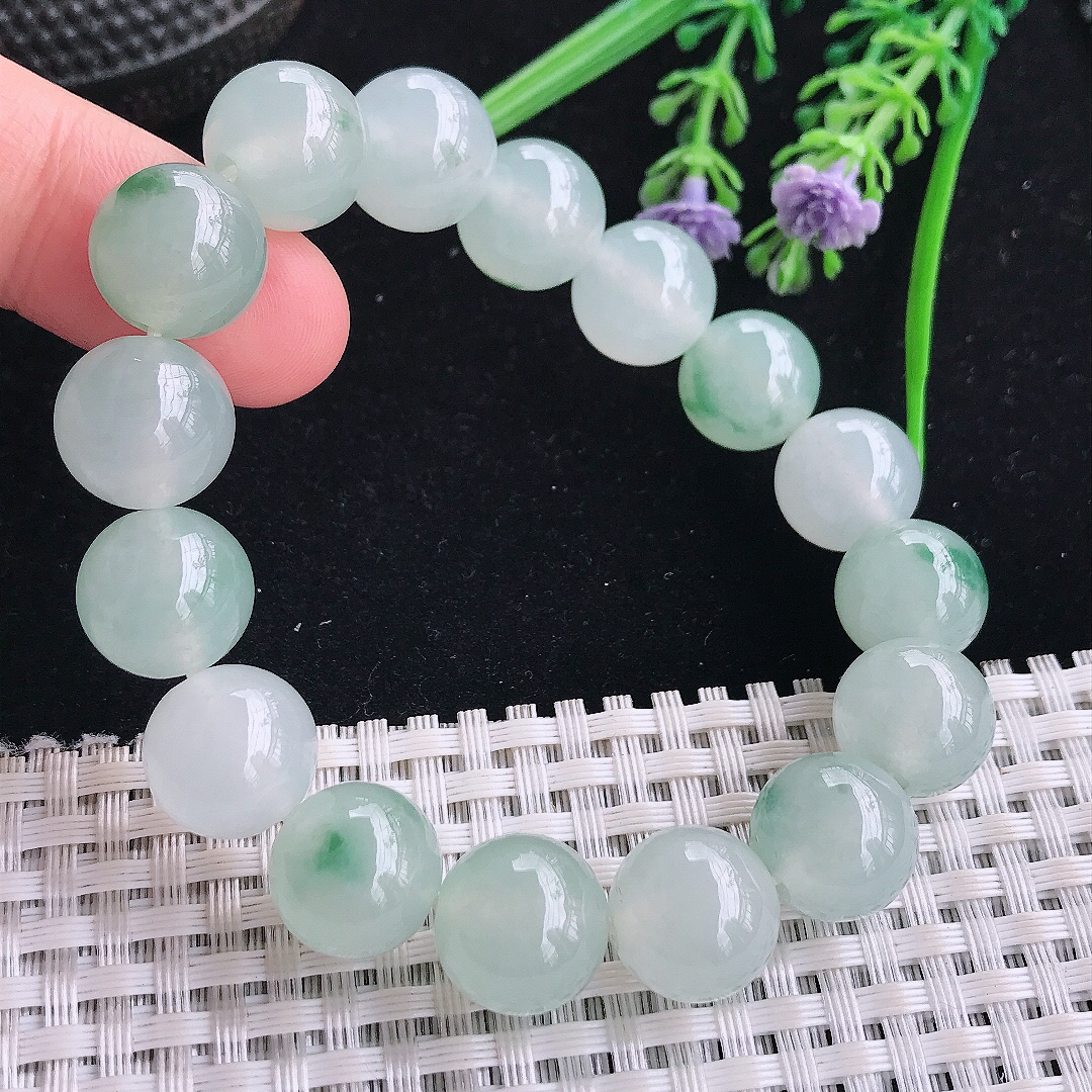 实拍A货翡翠12.8/16颗老坑冰胶果冻冰飘花圆珠手链吊坠翡翠玉珠珠链