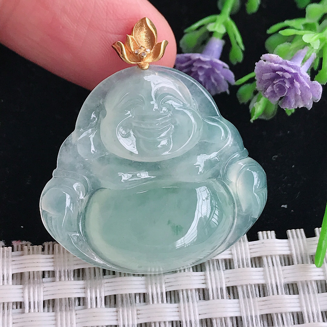 实拍A货翡翠28.5/31.6/5.9老坑18k金镶嵌冰种冰晴佛公吊坠翡翠玉佛挂件
