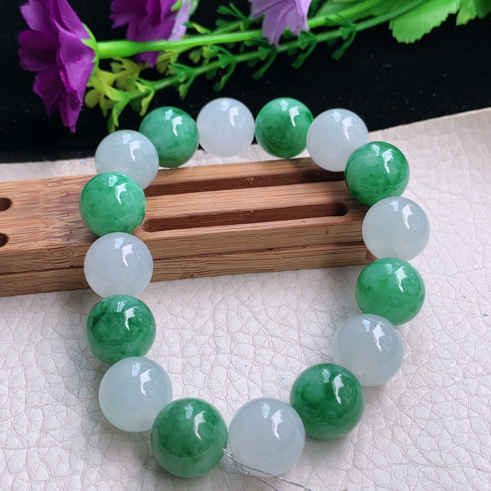 qxm天然缅甸翡翠a货冰双彩13mm圆珠玉手链 玉手串