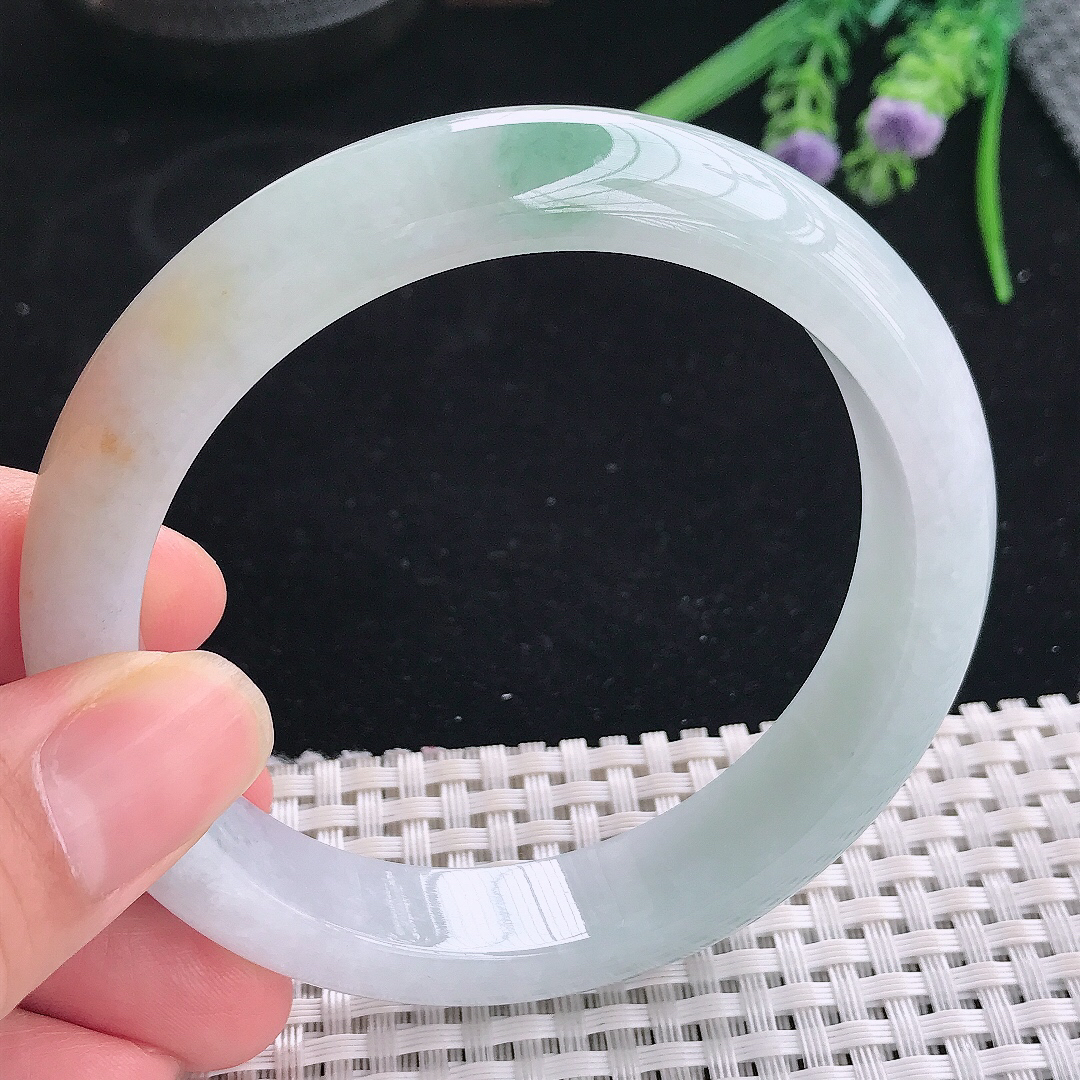 实拍A货翡翠61.5/12.8/8.7大圈口老坑秀气冰润飘花手镯宽边玉镯平安镯