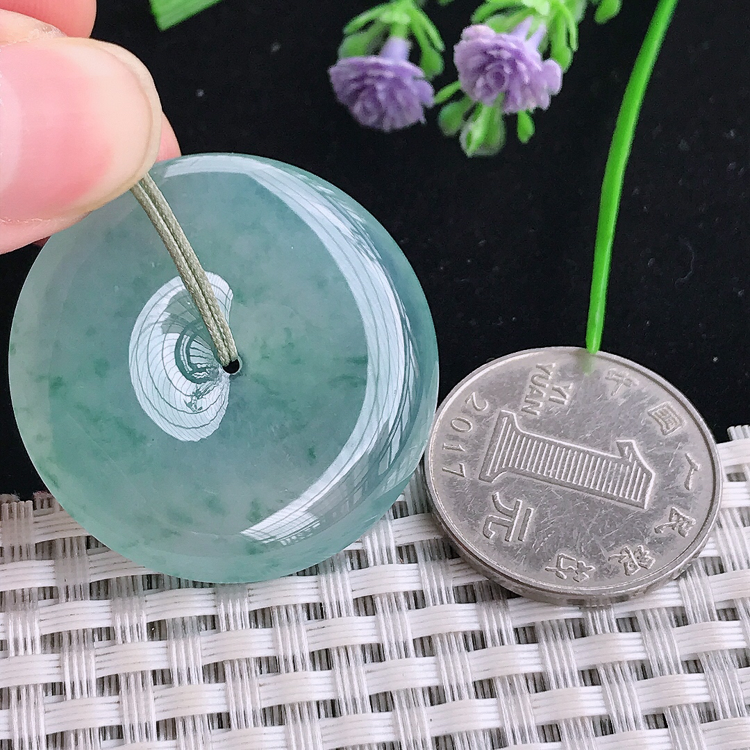 实拍A货翡翠35/6老坑冰种果冻胶冰晴飘花平安扣吊坠