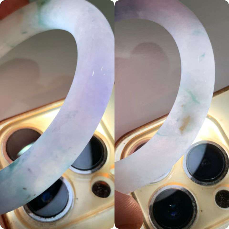 浓郁紫罗兰飘花圆条手镯尺寸54*10*10 种质细腻，水润光泽，紫色浓郁，蓝花灵动飘逸，上手贵气显眼，微细纹，一处黄点！