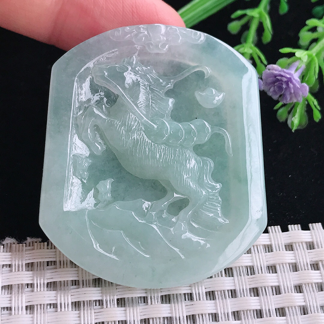 实拍A货翡翠48.8/42/5.3老坑清秀冰晴马上有钱马牌吊坠翡翠玉牌挂件