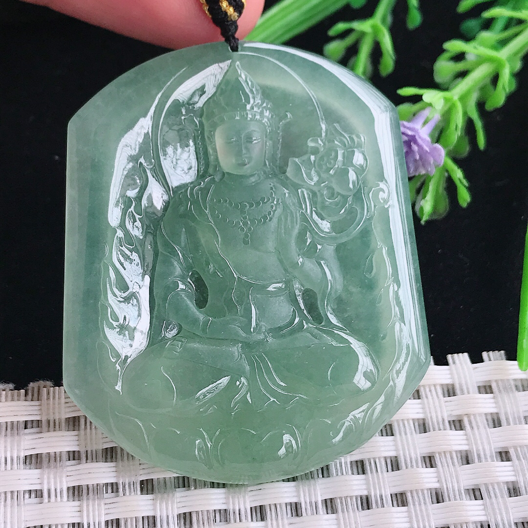 实拍A货翡翠50/42.5/5.5老坑冰种果冻胶冰晴满甜绿持莲观音吊坠大势至菩萨挂件